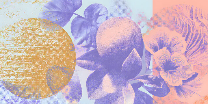 Pastel linocut print texture with boho risograph overlay on a vintage paper background abstract art pattern