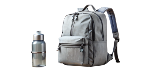 Gray backpack and clear water bottle on white background isolated on a transparent background