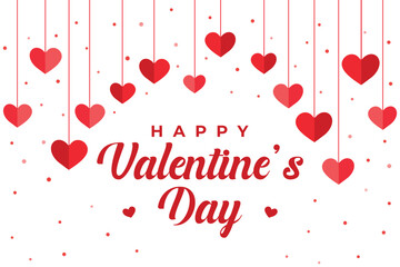 Happy Valentine&rsquo;s Day Greeting Card Design with Hanging Heart Decorations on White Background
