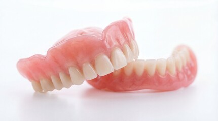 Obraz premium Full set of acrylic dentures upper and lower jaws isolated on white background macro