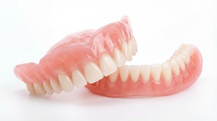 Obraz premium Full set of acrylic dentures upper and lower jaws isolated on white background macro