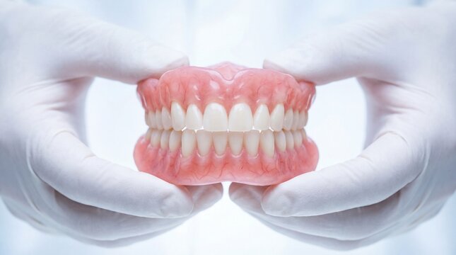 Dentist hands in white gloves holding full set of acrylic dentures isolated on white background