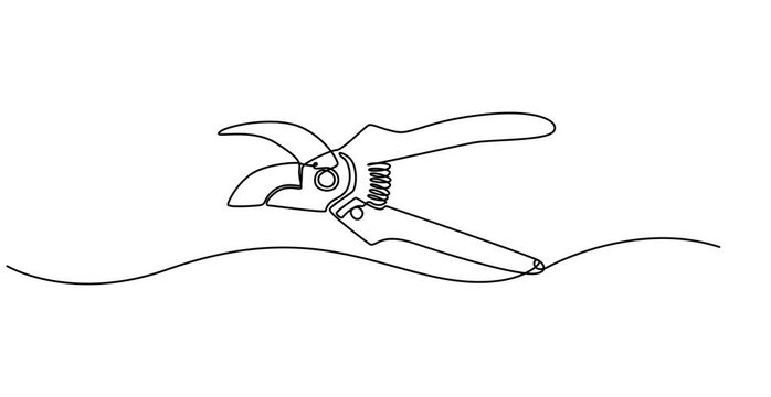 Animated self drawing of Continuous one line drawing of secateurs plant equipment. Plant scissors in single line draw , Editable Stroke,  cutting plier in silhouette sketch, 