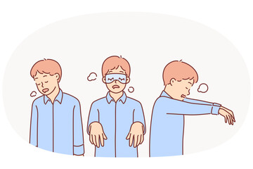 Little boy with sleepwalking syndrome stands in different poses, dressed in pajamas