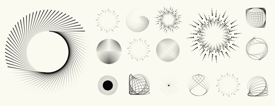 Abstract circular halftones element set, geometric dotted ring and spiral circle shapes for modern design, technology, or motion graphic backgrounds. Dotted round elements, radial spirals, and vortex.