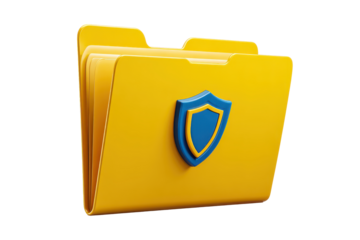 Yellow file folder with a blue shield emblem attached, sturdy tab edge, subtle thickness detail, and clear document protection symbolism isolated on transparent background.
