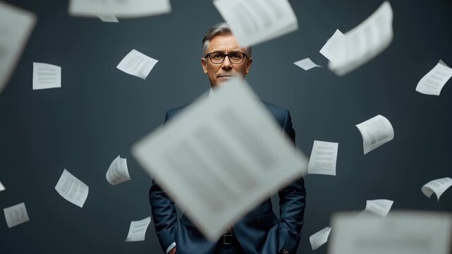 A middle-aged professional man wearing glasses and a suit is surrounded by scattered papers, conveying a sense of chaos or overwhelming workload in a corporate environment