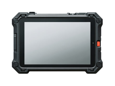 Rugged tablet device with a thick dark protective frame, reinforced corners, side buttons, and a blank screen panel for industrial field use isolated on transparent background.
