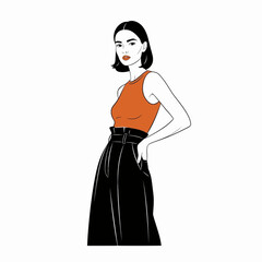 Posing woman orange top black pants illustration