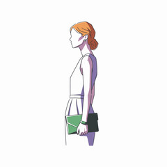 Side view woman holding green bag white outfit