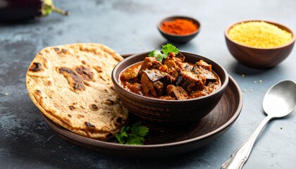 Gujrati Ringan No Olo with Bajra Roti. Traditional Indian Food