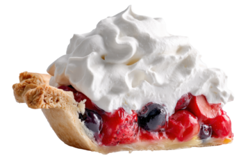 Pie slice with flaky crust and visible fruit filling topped by a generous scoop of whipped cream with soft peaks and creamy airy texture isolated on transparent background.
