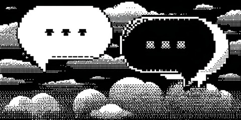 Pixel speech bubbles with retro game design floating on a dark background digital communication concept minimalist illustration