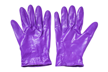 Pair of purple protective gloves laid side by side with defined cuffs and finger shapes, smooth rubber-like surface, and neat safety equipment presentation isolated on transparent background.
