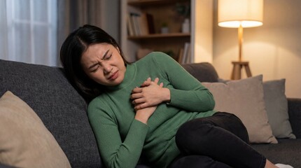 Asian woman sitting on sofa holding chest in pain suffering from heart attack or acid reflux in living room