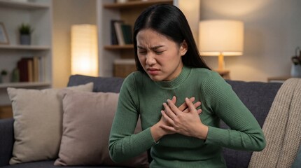 Asian woman sitting on sofa holding chest in pain suffering from heart attack or acid reflux in living room