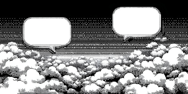 Pixel art speech bubbles with retro game characters on a dark background digital communication concept minimalist design