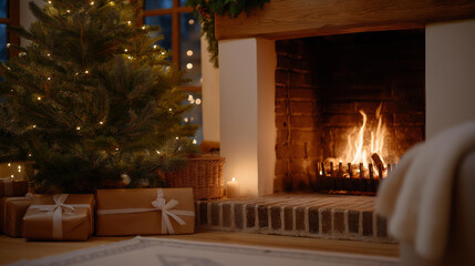 Evening Christmas scene featuring a glowing tree, warm fireplace with burning logs, neatly wrapped gifts, and soft candlelight, expressing peace, warmth, and seasonal celebration at home. cinematic