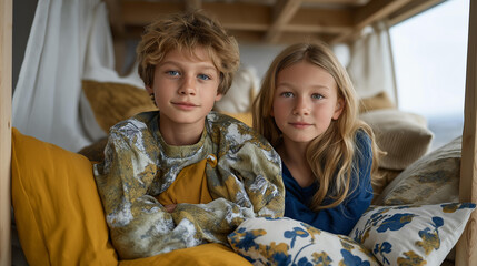 A bright and cheerful children's bedroom featuring a loft bed, a small reading nook with plush cushions, and bright curtains allowing sunlight to flood the space, inspiring dreams and creativity.