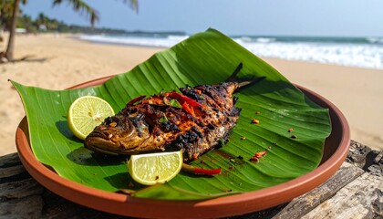 Kerala Meen Pollichathu Grilled Fish. Traditional Indian Food