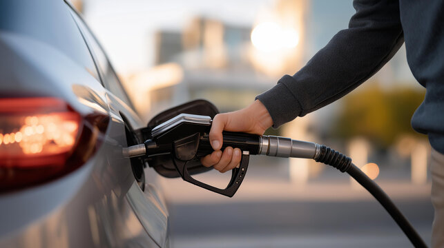 Fuel autogas pump gun attached to a car during refueling, human hand visible, symbolizing sustainable transport, modern fuel infrastructure, and practical energy solutions. cinematic color