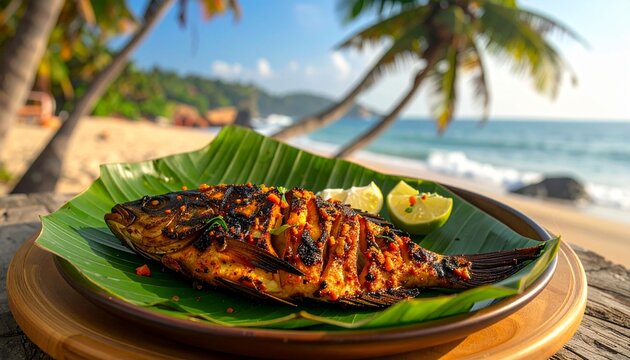 Kerala Meen Pollichathu Grilled Fish. Traditional Indian Food