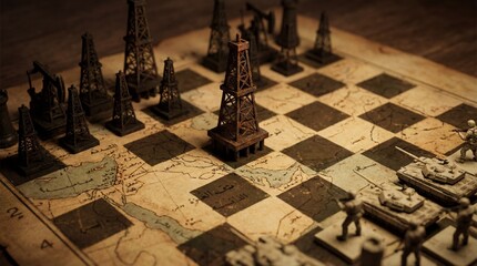 Conceptual chessboard on a vintage map with rusty oil derricks and tanks as pieces, representing geopolitical strategy and resource control.