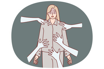 Nightmare of frightened girl standing in pajamas among hands of resurrected monsters