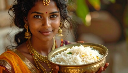 Beautiful Indian Woman and Maharashtrian Sol Kadhi with Rice Traditional Indian Food