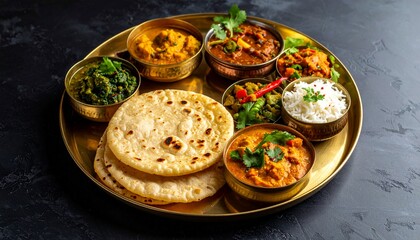Maharashtrian Thali with Pithla, Bhakri, and Vegetable Curries. Traditional Indian Food