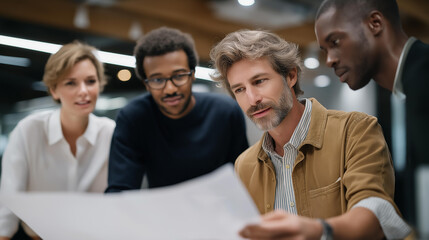 A business team holds a strategic meeting in a bright conference room, using visual aids and charts to tackle challenges, showcasing collaboration and determination in problem-solving. cinematic