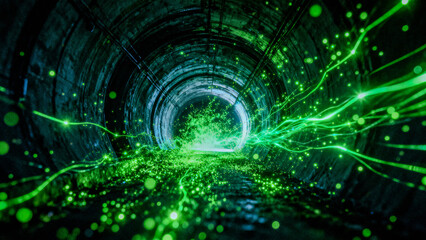 Bright shiny green energy pulses along a dark tunnel, formed by glowing particles and flowing lines, evoking motion, depth, and digital futuristic vibes.