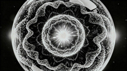 Glowing monochrome sphere composed of layered particles, emitting a bright energy core for a clean, modern, and abstract minimalist composition.