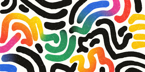 Abstract rainbow gradient lines forming curved playful squiggles on a dark background creative pattern design