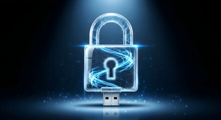 Digital data security concept padlock shaped like usb flash drive glowing blue futuristic light particle visualization global network protection internet privacy information access