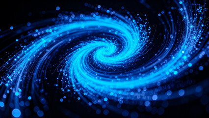 Soft glowing blue particles swirl into a spiral on a dark backdrop, creating dynamic motion, harmonious energy, and an abstract cosmic effect.