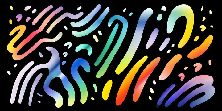 Abstract rainbow gradient lines curved doodle pattern on dark background creative art style