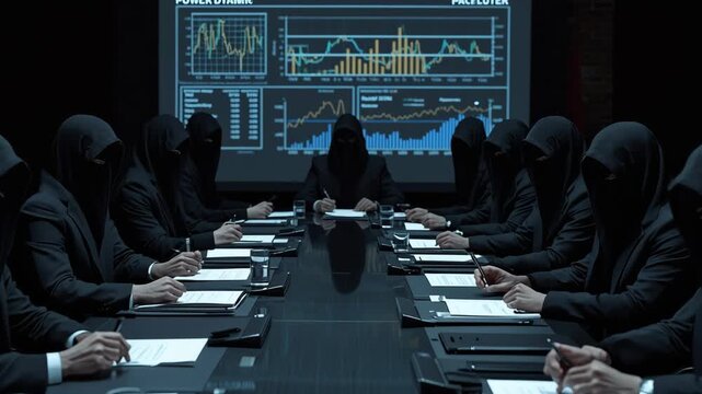 A group of masked individuals in dark clothing sit at a boardroom table, intently focused on financial charts displayed on a large screen