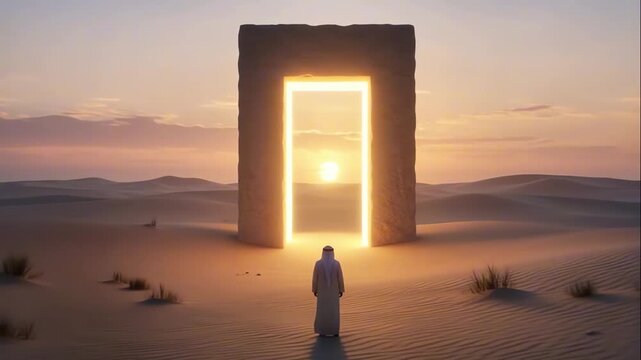 Lone traveler in white robes stands before glowing rectangular portal amidst endless sand dunes during sunset. Dimensional gateway transition in wild nature. Mystical atmosphere of desert quest