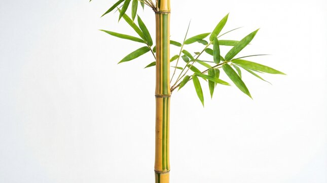 Golden striped bamboo stalk Bambusa vulgaris with green leaves isolated on white background