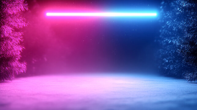 Futuristic holographic spaceship with magenta and blue lights in a mystical forest setting