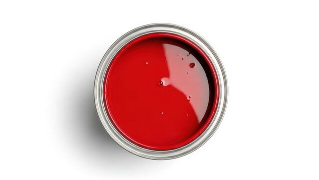 Top view of an open metal can filled with bright red liquid paint isolated on white background
