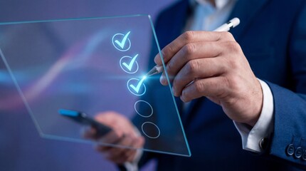 Businessman hand checking mark on virtual checklist with stylus pen and holding smartphone