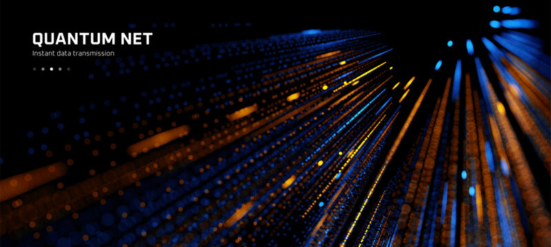 Blue and orange glowing dots forming a tunnel of light on a black background. Abstract tech background for digital design.