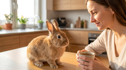 A cute small young girl holds a fluffy white domestic rabbit and a grey baby bunny, featuring furry ears and soft fur on an isolated background for an Easter pet animal portrait