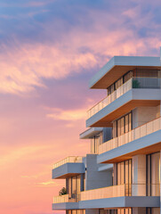 Fototapeta premium Modern luxury apartment building with glass balconies against a beautiful pink and purple sunset sky, contemporary architectural design of a residential complex at dusk with elegant terrace views