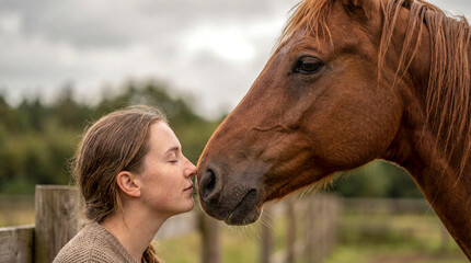 A young woman gently stands in a grassy field with her brown horse, sharing a calm and loving moment in nature