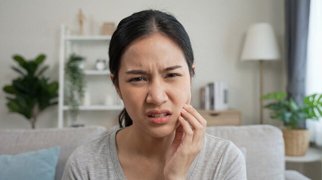 Young Asian woman touching cheek feeling toothache pain sitting on sofa in living room
