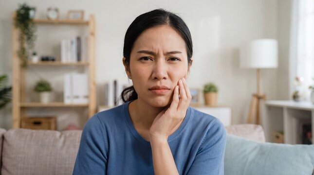 Young Asian woman suffering from toothache pain touching cheek sitting on sofa at home