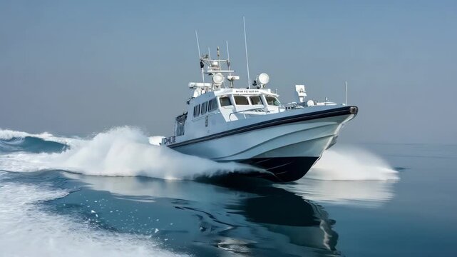 Medium shot of a sleek marine police speedboat cutting through calm waters highlighting highspeed capabilities and advanced navigation equipment.